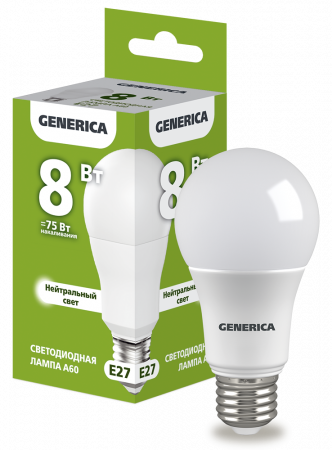 Лампа светодиодная A60 груша 8Вт 230В 4000К E27 GENERICA – №1
