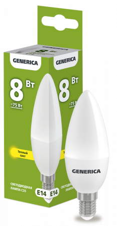 Лампа светодиодная C35 свеча 8Вт 230В 3000К E14 GENERICA – №1